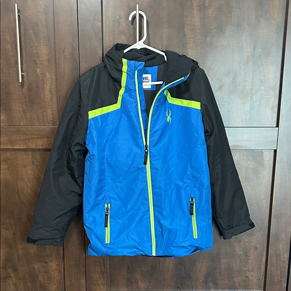 Spyder Kids Blue and Black Puffer Jacket with Green Accents